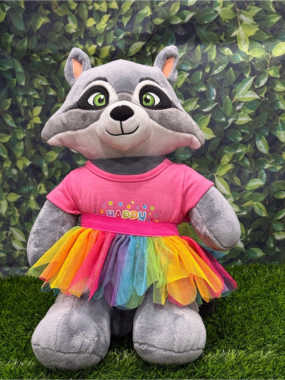 Build-A-Bear Workshop Raccoon Plush w/ Happy Birthday Shirt & Rainbow Tutu